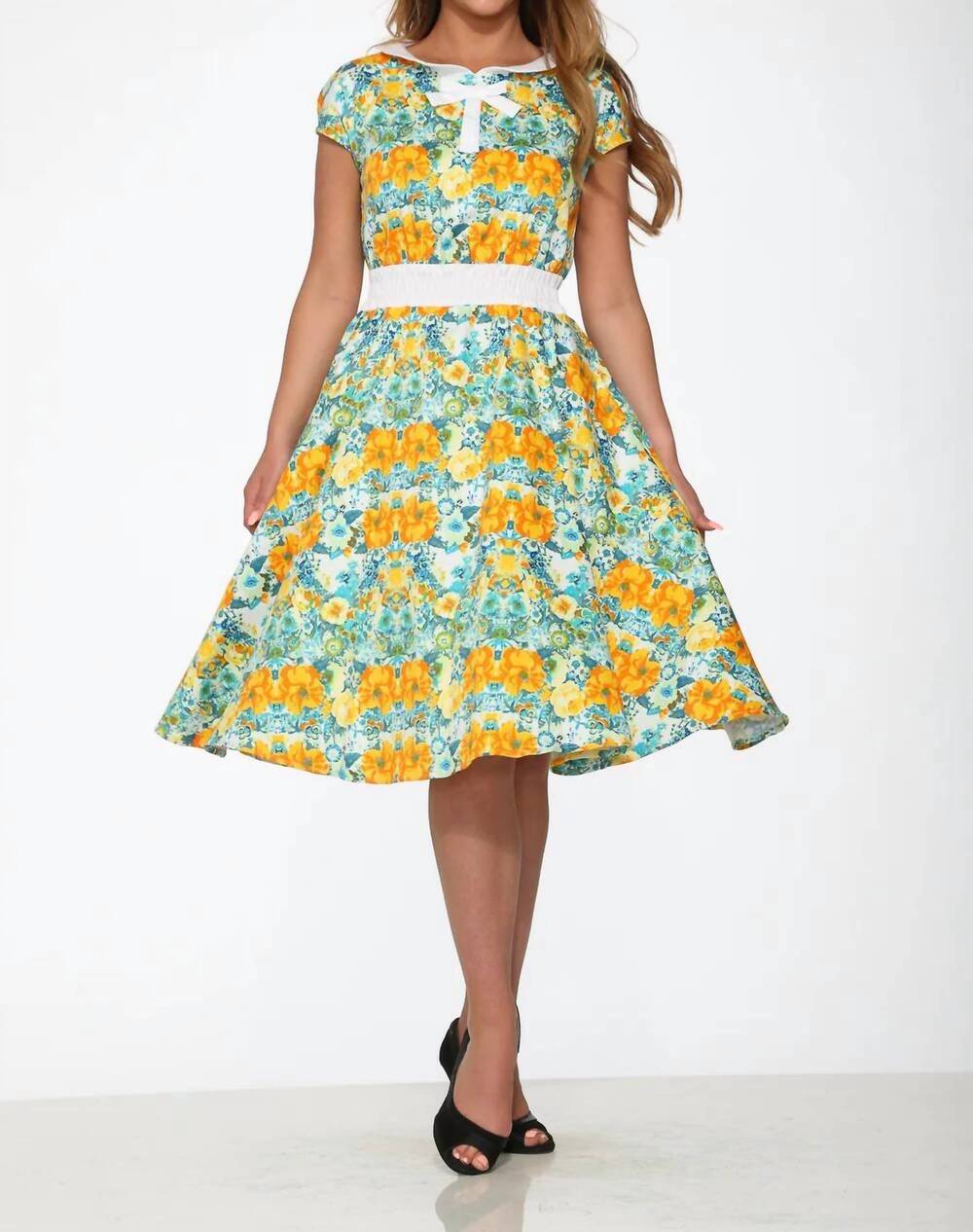 NEW ORCHID BLOOM floral swing dress in yellow